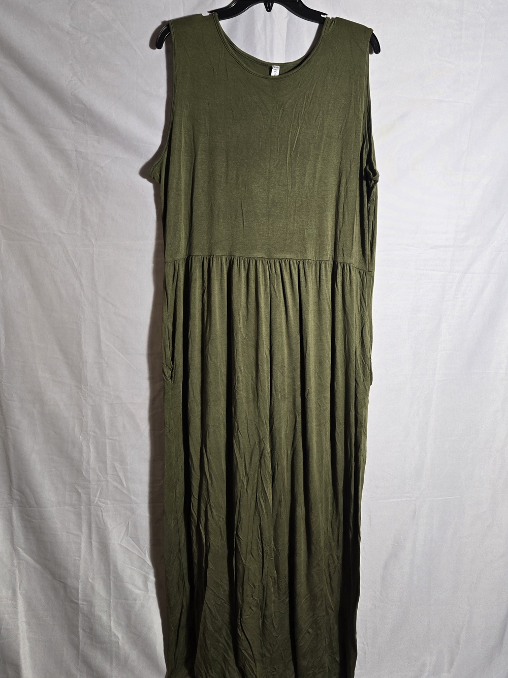 Sleeveless Olive Green Maxi Dress with Gathered Skirt & Pockets Stretchy Soft